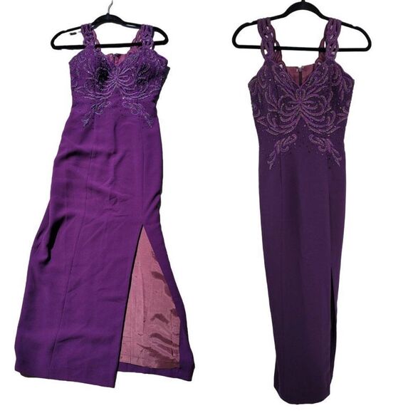 Vintage 80's Gown XS Purple Beaded Bodice Cutout Straps Front Slit Pageant - Picture 1 of 16